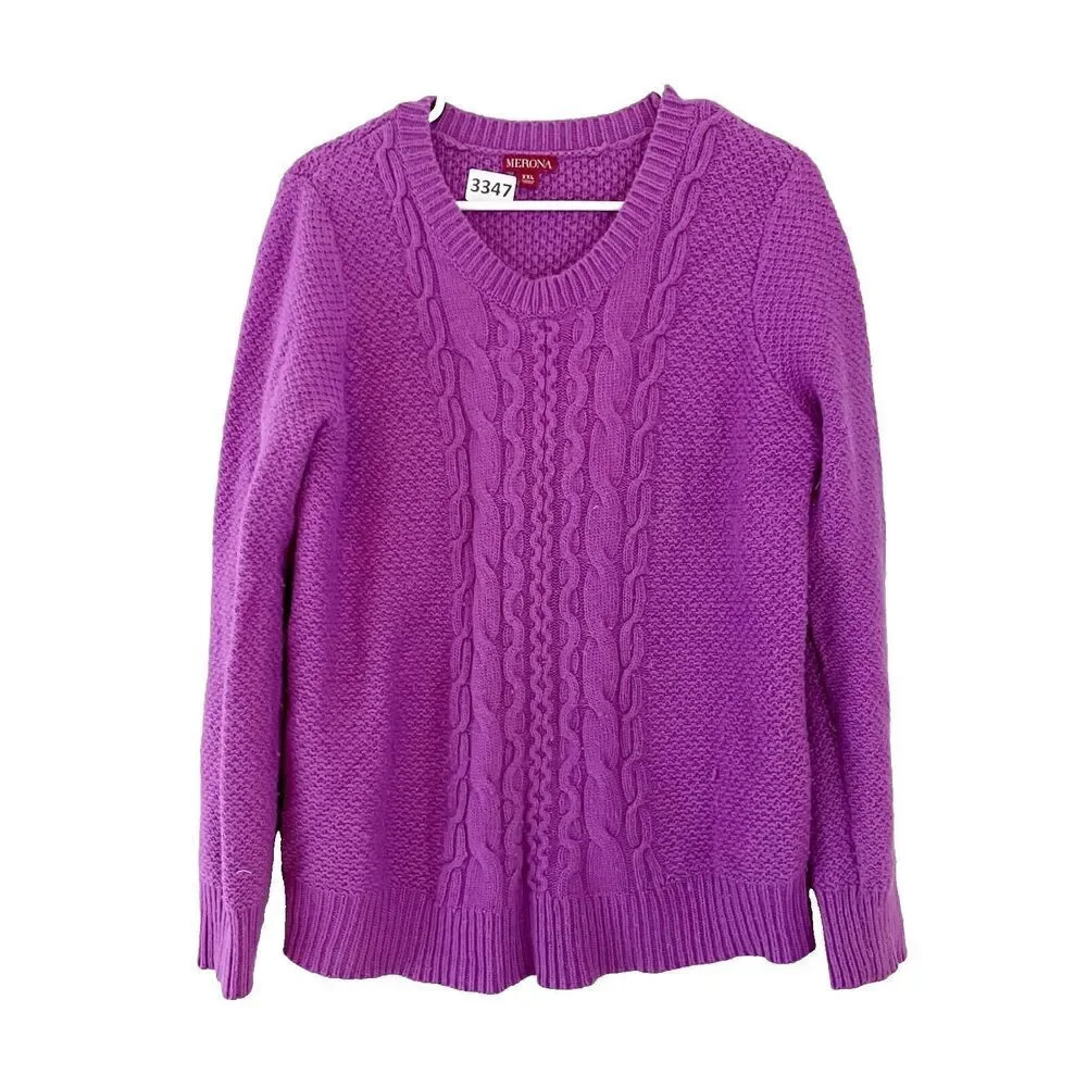 Merona Womens Purple Pullover Sweater XXL Crochet Long Sleeve Ribbed Knit